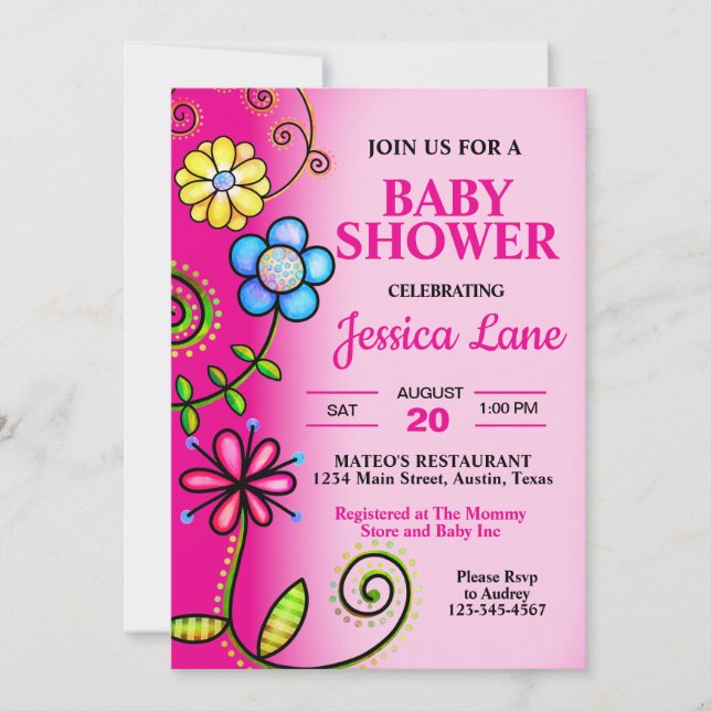 Invitación Doodle de flores rosa caliente Baby Shower (Anverso)