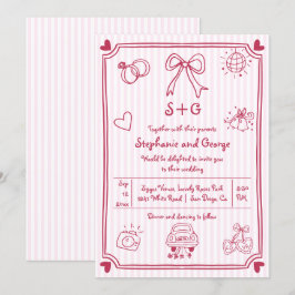 Invitación Doodle de garrapatas dibujado a mano rosa, boda de