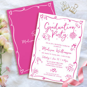 Invitación Doodle de Mano Rosa Graduación Divertida Fiesta Bl