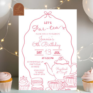 Invitación Doodle de mano rosada para el té de pera cumpleaño