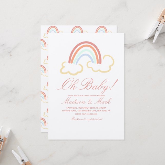 Invitación Doodle de nube de arcoíris lindo Baby Shower Rústi (Anverso/Reverso In Situ)
