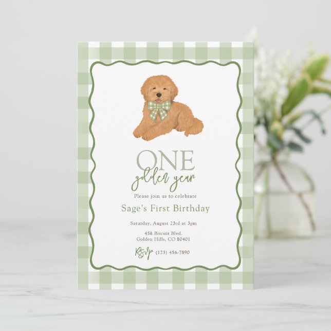 Invitación Doodle de oro verde cumpleaños dorado primer año (Anverso de pie)