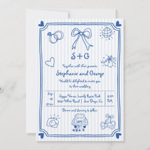 Invitación Doodle dibujado a mano azul, rayas boda