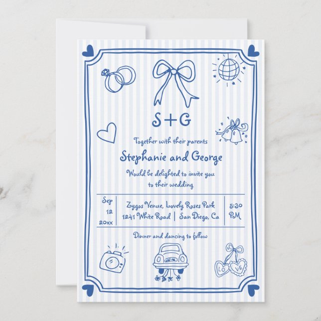 Invitación Doodle dibujado a mano azul, rayas boda (Anverso)