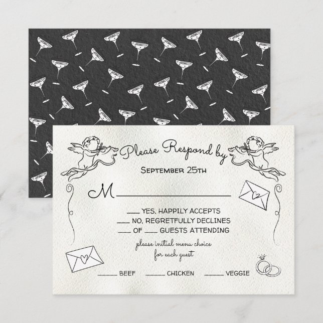 Invitación Doodle dibujado a mano Cherub Cupid RSVP (Anverso / Reverso)