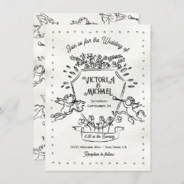 Invitación Doodle dibujado a mano Cherub Cupido Escudo Boda