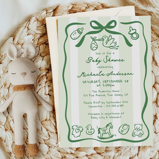 Invitación Doodle Dibujado a Mano Verde Fiesta de Bebé Capric (Subido por el creador)