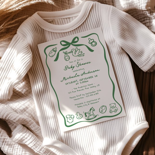 Invitación Doodle Dibujado a Mano Verde Fiesta de Bebé Capric (Subido por el creador)