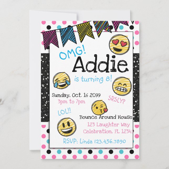 Invitación Doodle Emoji Rosa y Azul Tween Cumpleaños (Anverso)