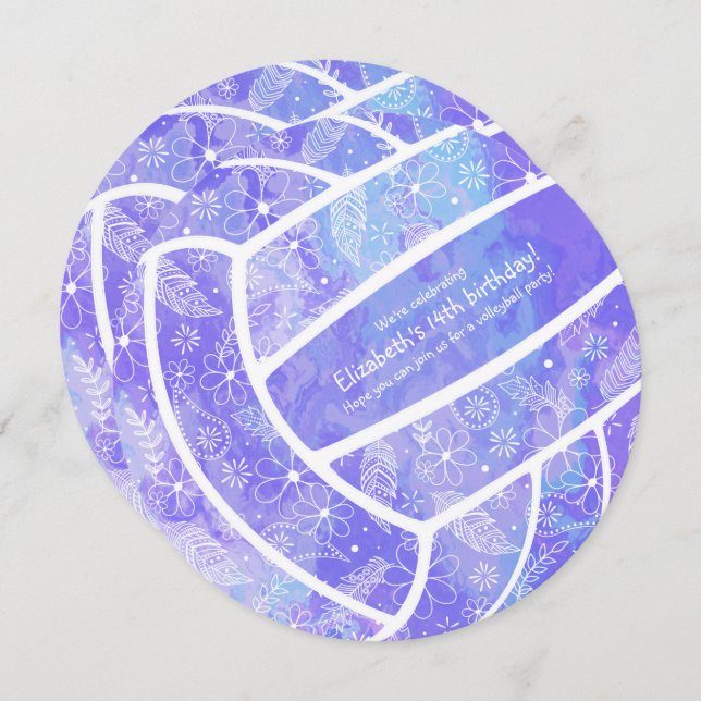 Invitación Doodle floral patrón de voleibol púrpura (Anverso / Reverso)