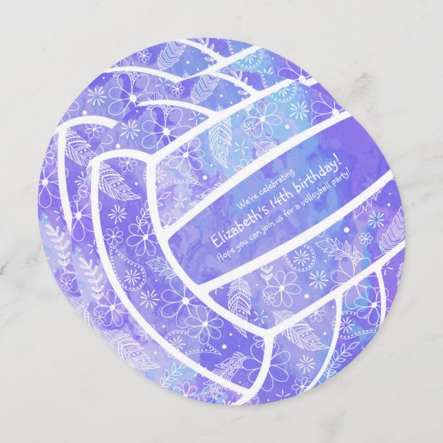 Invitación Doodle floral patrón de voleibol púrpura cumpleaño (Anverso / Reverso)