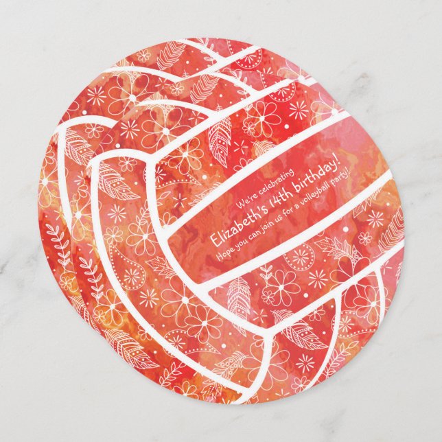 Invitación Doodle floral patrón rojo naranja fiesta de voleib (Anverso / Reverso)