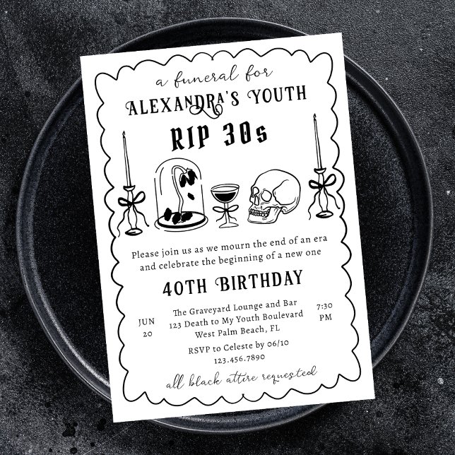 Invitación Doodle Garabato Funeral 30 RIP Cumpleaños 40 (Subido por el creador)