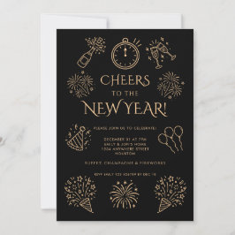 Invitación Doodle Gold Black Cheers to New Year Party