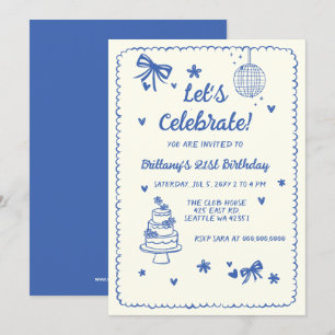 Invitación Doodle Hand dibujar Blue Bow Disco Ball Cumpleaños