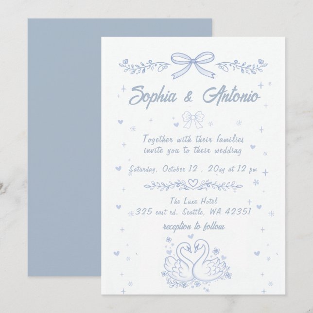 Invitación Doodle Hand Drawn Dusty Blue Swans Wedding (Anverso / Reverso)
