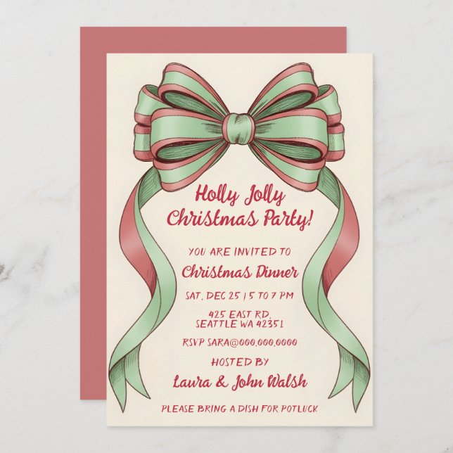 Invitación Doodle Hand drawn Green Red Bow Christmas Party (Anverso / Reverso)