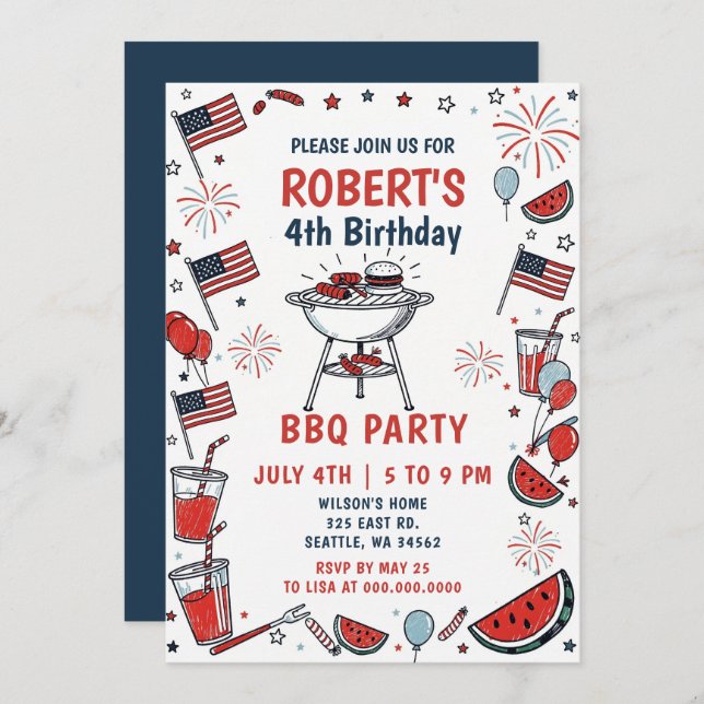 Invitación Doodle Hand Drawn July 4th BBQ Birthday Party  (Anverso / Reverso)