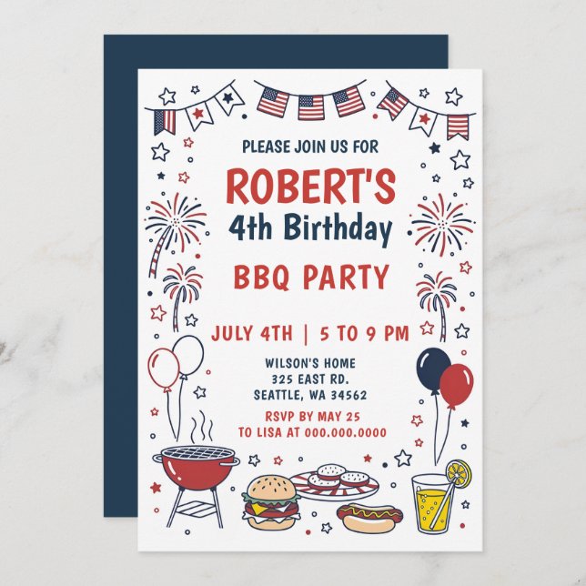 Invitación Doodle Hand Drawn July 4th BBQ Birthday Party  (Anverso / Reverso)