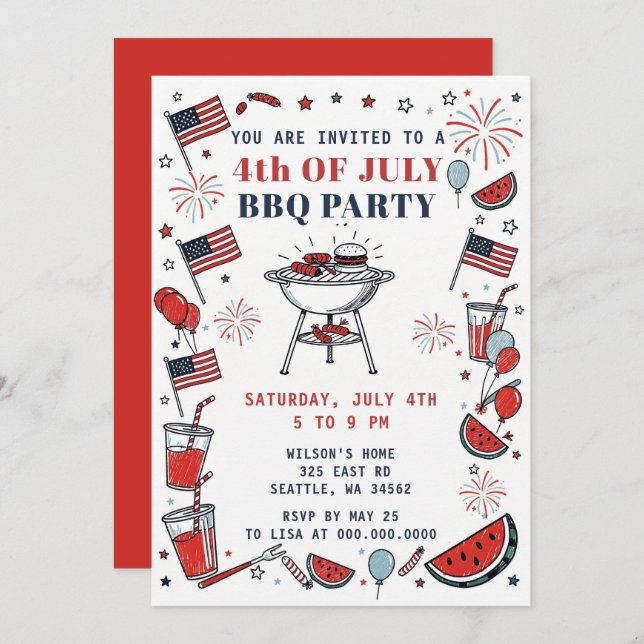 Invitación Doodle Hand Drawn July 4th BBQ Holiday Party  (Anverso / Reverso)