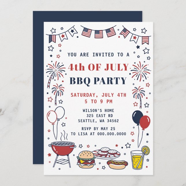 Invitación Doodle Hand Drawn July 4th BBQ Holiday Party  (Anverso / Reverso)