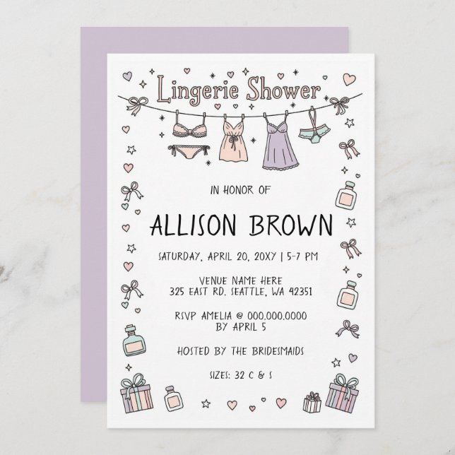 Invitación Doodle Hand Drawn Lingerie Shower Bachelorette  (Anverso / Reverso)