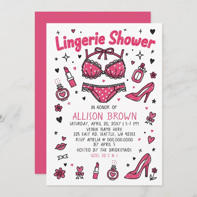 Invitación Doodle Hand Drawn Lingerie Shower Bachelorette  (Anverso / Reverso)