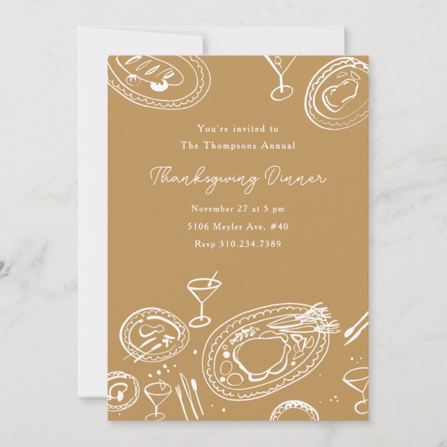 Invitación Doodle Illustrated Thanksgiving Dinner Holiday (Anverso)