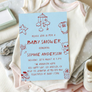 Invitación Doodle Minimalista Bebé Azul y Rojo Fiesta de Baby