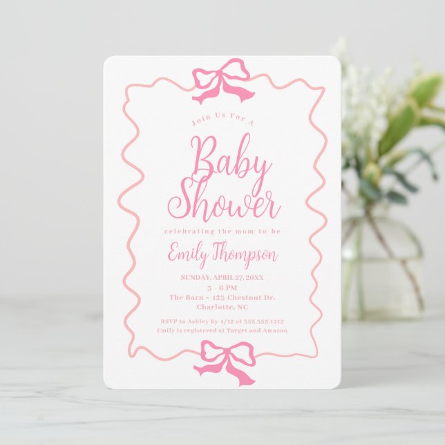 Invitación Doodle mínimo Coquette rosa Chica Baby Shower (Anverso de pie)