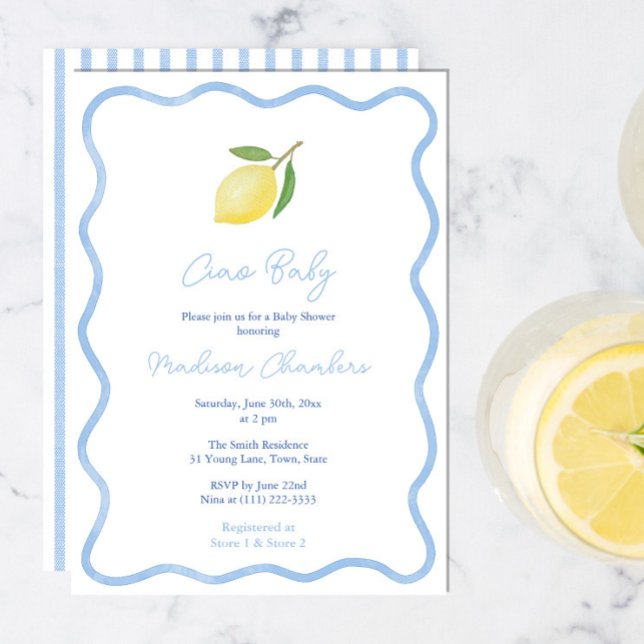Invitación Doodle moderno borde azul limón bebé ducha (Ciao baby! Boho citrus baby boy shower invitations with wavy border and pale blue and white stripes)