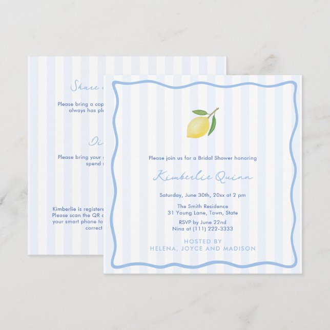 Invitación Doodle Moderno y Rayas de Limón para Despedida de  (Anverso / Reverso)