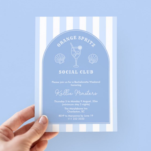 Invitación Doodle Naranja italiano Spritz Bachelorette (Chic coastal blue and white Orange spritz bachelorette party invite with itinerary on the reverse)