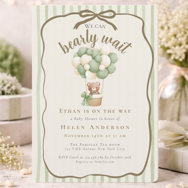 Invitación Doodle No Podemos Esperar Oso Verde Sage Bebé (Doodle We can Bearly Wait Teddy Sage green Baby Invitation)