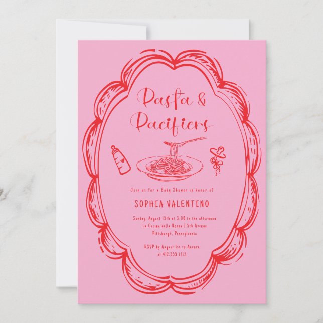 Invitación Doodle Pasta y Chupetes Baby Shower (Anverso)