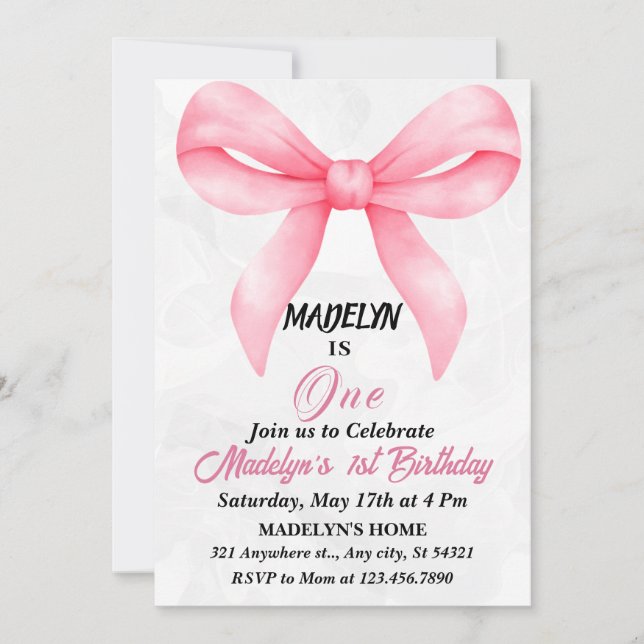 Invitación Doodle Pink Bow Baby Girl Primer cumpleaños (Anverso)