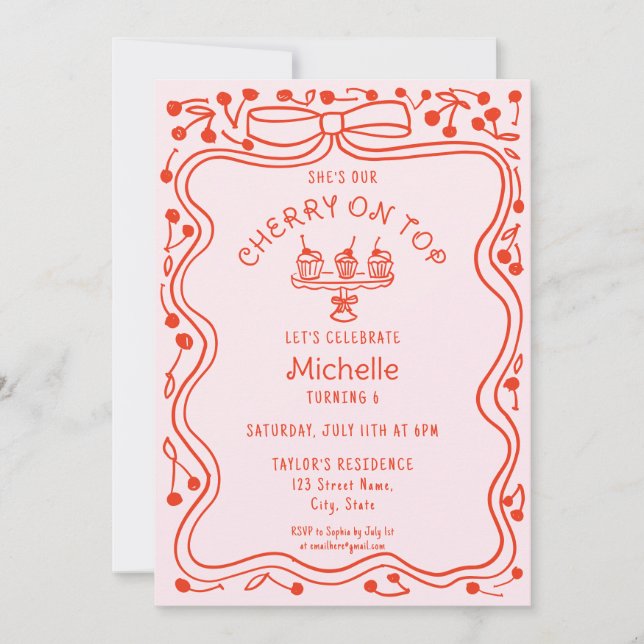 Invitación Doodle Red Pink Bow Cherry en el cumpleaños del Ch (Anverso)
