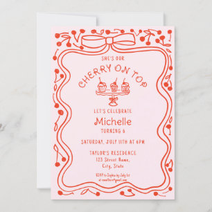 Invitación Doodle Red Pink Bow Cherry en el cumpleaños del Ch