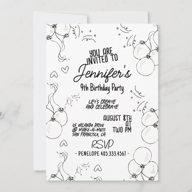 Invitación Doodle retro Corazón moderno y globos Cumpleaños (Anverso)