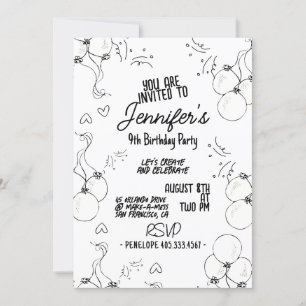 Invitación Doodle retro Corazón moderno y globos Cumpleaños