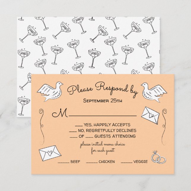 Invitación Doodle Sketch Funky Aves Amantes bodas RSVP (Anverso / Reverso)
