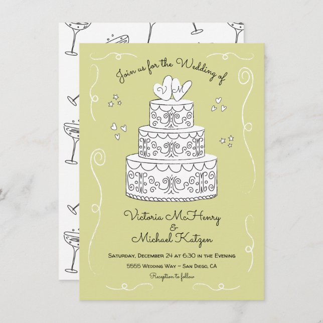 Invitación Doodle Sketch Funky Boda Cake (Anverso / Reverso)