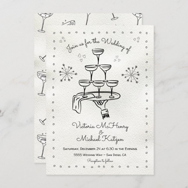 Invitación Doodle Sketch Funky Champagne Boda (Anverso / Reverso)