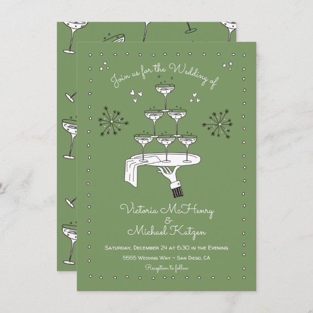 Invitación Doodle Sketch Funky Champagne Boda (Anverso / Reverso)