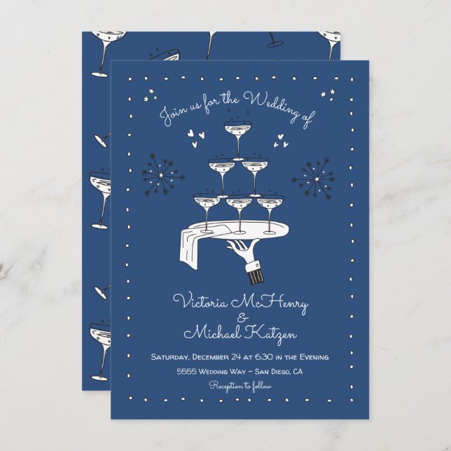 Invitación Doodle Sketch Funky Champagne Boda (Anverso / Reverso)