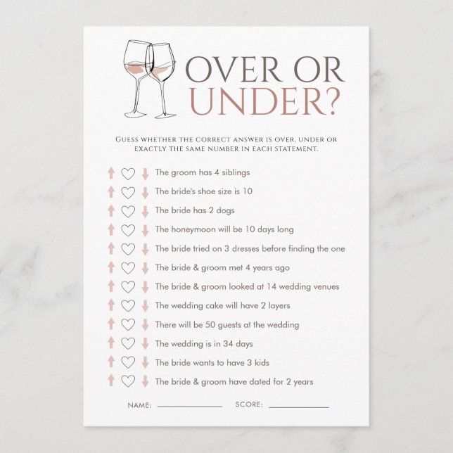 Invitación Doodle Wine Over or Under Bridal Shower Game Card (Anverso)