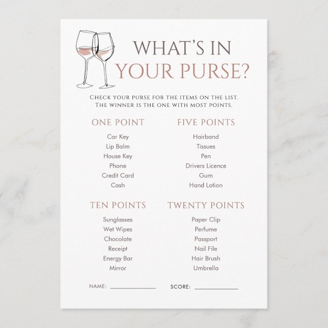 Invitación Doodle Wine Whats in Purse Bridal Shower Game (Anverso)