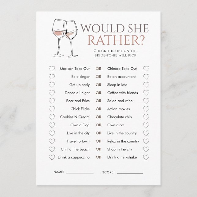 Invitación Doodle Wine Would She Rather Bridal Shower Game (Anverso)