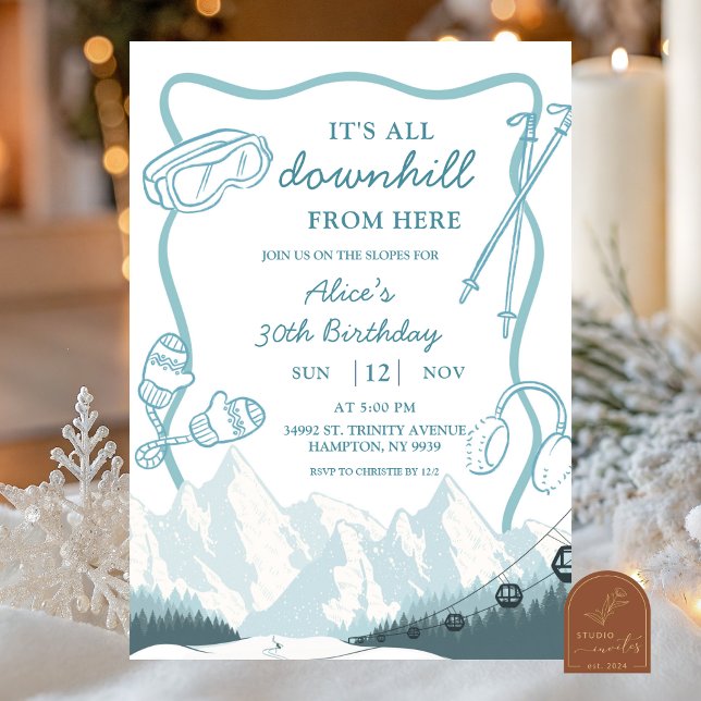 Invitación Doodle Winter Blue pastel Ski downhill birthday (Subido por el creador)