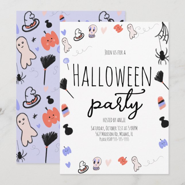 Invitación Doodles de época de la fiesta de Halloween Retro G (Anverso / Reverso)